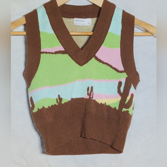 Bershka Sweaters - Bershka Brown Cactus Scene Sz S Multicolor Sweater Vest